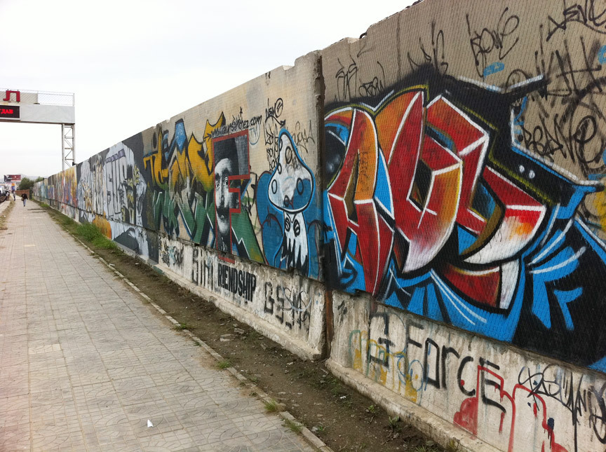 Graffiti—an increasingly popular art form in Mongolia—seen on the walls along the Narnii Zam street in Ulaanbaatar.