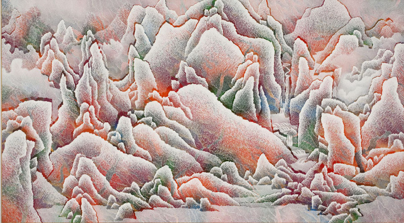 Qiu Deshu, Mountainscape (Red), 2005, ink, acrylic and xuan paper on canvas, 200 × 360 cm. 
Courtesy Michael Goedhuis, London.