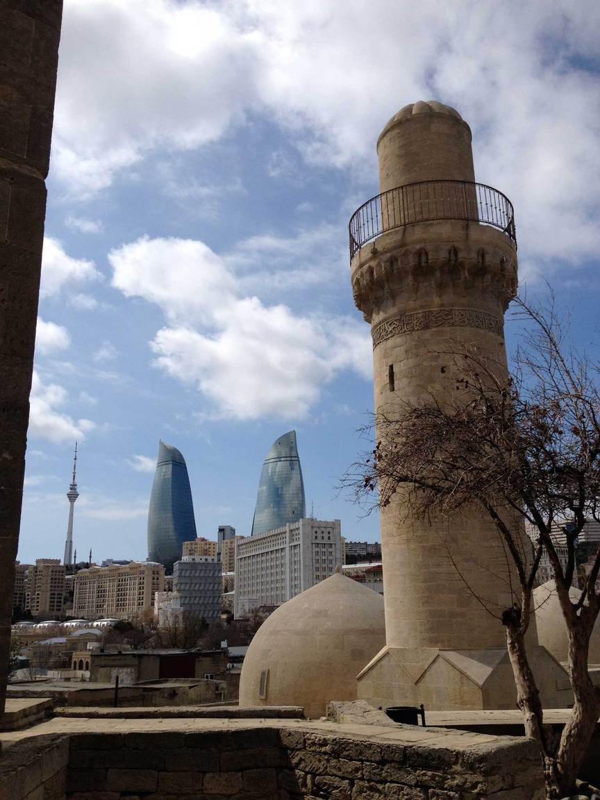 The Muhammad Mosque, an 11th-century architecture in Baku’s Old City, with a view of the Flame Towers (a USD 350 million commercial highrise built in 2012) in the back. All photos by Hanae Ko for ArtAsiaPacific.