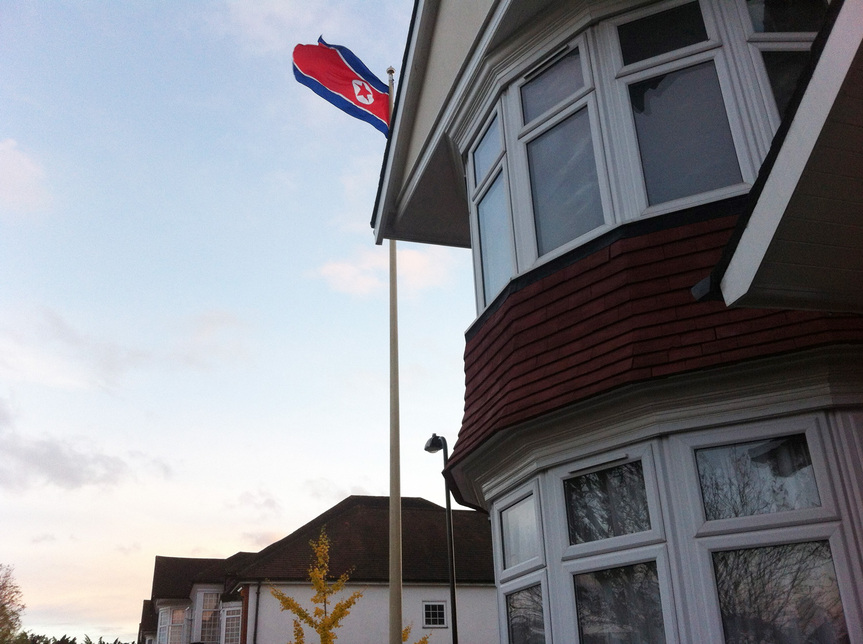 North Korean flag on full mast outside the North Korean embassy in Ealing, West London.