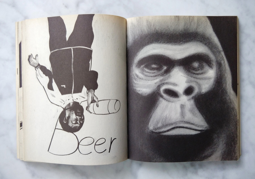 (Left) Beer and Hide and (right) A Gorilla, conte on paper, 36.4 × 25.7 cm each, in Lingerie Wrestling, pp. 143–44, published by Little More, Tokyo, 2000. Photo by Billy Kung for ArtAsiaPacific.