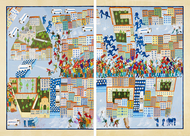 CANAN, Resistance on Istiklal Street, 2014, ink, colors and gold on paper, diptych: 97.5 × 133.5 cm overall. Courtesy the artist and Rampa, Istanbul.