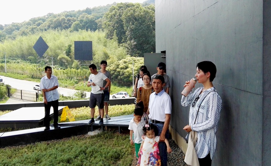 Visitors are allowed onto the roof, but only for an hour from 3:00 pm, to view ZHENG BO’s transplantation of weeds. In the background is ZHAO YAO’s inscrutable black geometric billboards, advertising cosmic purity.