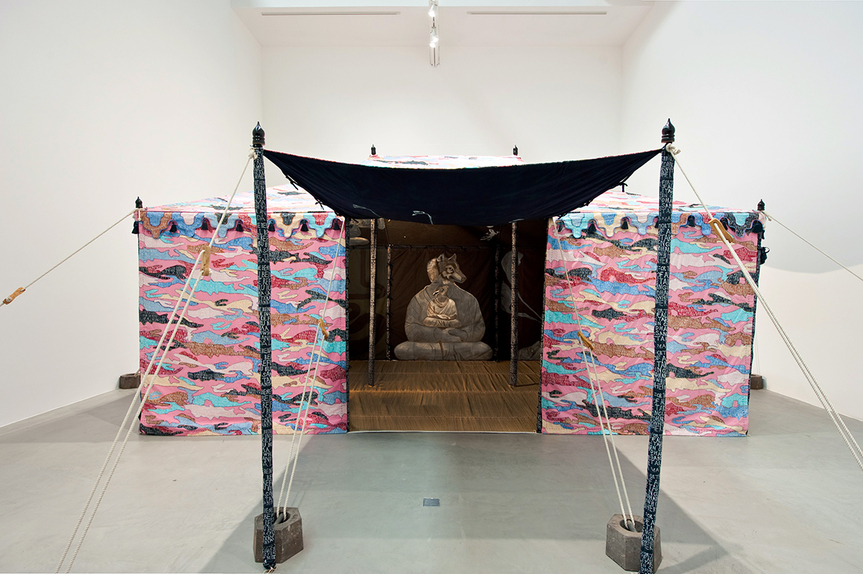 FRANCESCO CLEMENTE, Taking Refuge, 2012–13, tempera on cotton and mixed media, 600 × 400 × 300 cm. Installation view of previous exhibition at Mass MoCA, North Adams, 2015. Courtesy Mass MoCA.