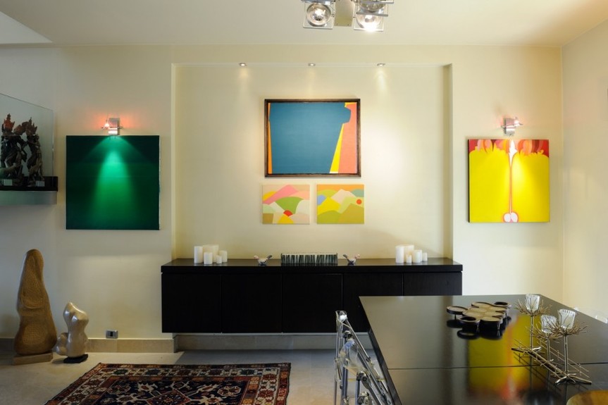 Pieces displayed in apartment: (left to right) by Helen Khal, Etel Adnan, Saliba Douaihy. Sculptures of Alfred Basbous, and painting by Huguette Caland. Courtesy Abraham Karabajakian.