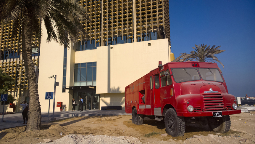 The Fire Station gallery space was built in 1982, and for 30 years served as a civil defense building used by the Doha fire brigade. When it was handed over to the Qatar Museums Authority in late 2012, the building was repurposed for use not only as an art gallery, but also as an incubation hub for individuals selected for Fire Station’s annual artist-residency program. To remind visitors of its past, several fire engines are parked outside the building.