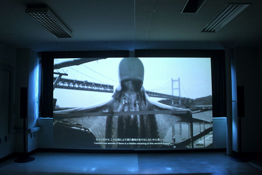 Inspired by the Japanese traditional process of drying and preserving octopuses, YU ARAKI creates Wrong Revision (2016), a multimedia installation that explores the myth of the octopus as the “devil-fish” brought to Japan by Catholic missionary Francis Xavier in the 16th century. Comprised of video clips, images from slides and books, and photographs of Japanese scenery, the film reflects on Japan’s relationship with the Western world. All photos by Stephen Leung and Jacqueline Liu for ArtAsiaPacific.