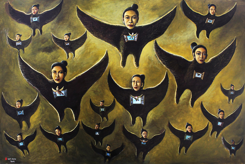 HERI DONO, The Fling Angels I, 2014, acrylic on canvas, 200 × 300 cm. Courtesy Tang Contemporary Art, Bangkok.