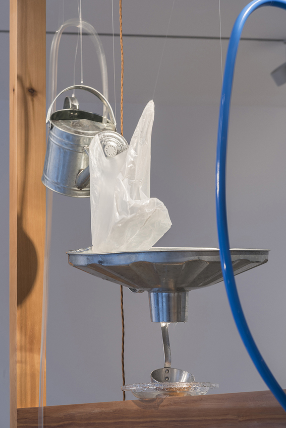 YUKO MOHRI, Moré Moré [Leaky]: The Falling Water Given #5 (detail), 2017, wood frames, found objects and water pump system, dimensions variable. Courtesy the artist and White Rainbow, London.