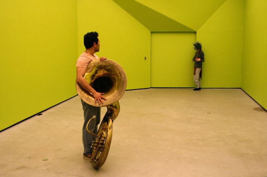 SEÇİL DEMIRCAN, Dis/Connection, 2017, with Seçil Demircan and Ertan Şahin (with the tuba). At ALT, Bomontiada, Istanbul.