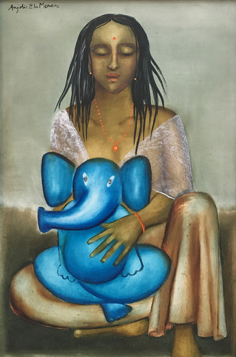 ANJOLIE ELA MENON, Parvati with Ganesh, 2016, oil on masonite board, 91.4 × 61 cm. Courtesy Aicon Gallery, New York.