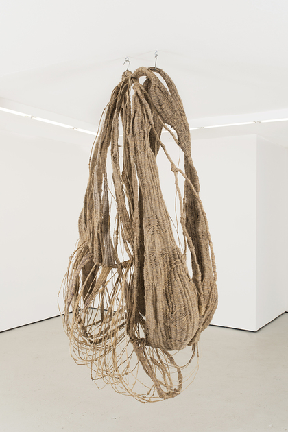 SOOJIN KANG, Pod 1, 2017, wild silk, jute, hemp, cotton, linen and wire, 210 × 100 × 90 cm. Photo by this happened.xyz. Courtesy Unit9, London.