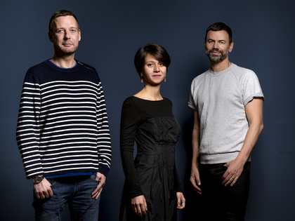 The curators of the 2017 Istanbul Biennial, artist duo MICHAEL ELMGREEN & INGAR DRAGSET, flank director Bige Örer. Photograph by Muhsin Akgun Iksv. Courtesy Istanbul Foundation for Culture and Arts.