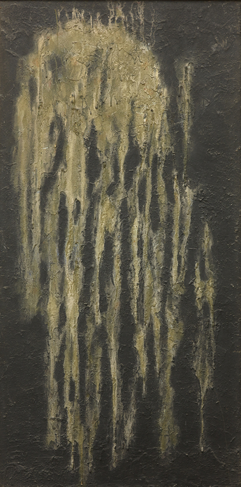 RYUJI TANAKA, Sei (II), 1962–66, mineral pigment and mixed media on panel, 183.5 × 93 cm. Courtesy Simon Lee Gallery, London.