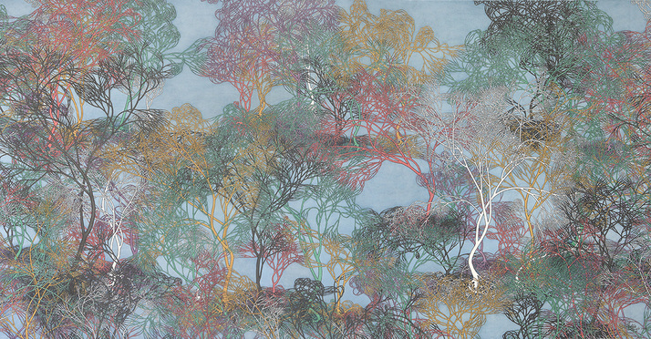 LAO TONGLI, The Desire of Libido No. 03, 2016, ink and mineral colors on silk, 174 × 337 cm. Courtesy the artist and Chambers Fine Art, New York.