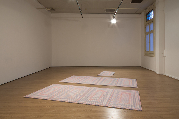 Installation view of RAJ KAMAR‘s Meet, Pray and Pay, 2017, playing dice, 66cm x 118 cm x 1.2 cm (each, nine mats in total), at "I don’t want to be there when it happens," 4A Centre for Contemporary Asian Art, Sydney, 2017. Courtesy the artist.