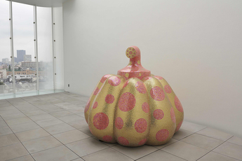 A pumpkin sculpture by YAYOI KUSAMA is housed in the rooftop gallery of her museum in Tokyo. Courtesy the artist.