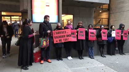 With red gags and placards bearing the words “ME TOO,” protestors gathered at The Met Breuer after Indian artist Jaishri Abichandani voiced her experiences of sexual abuse by the late photographer Raghubir Singh. Photo from Jaishri Abichandani.