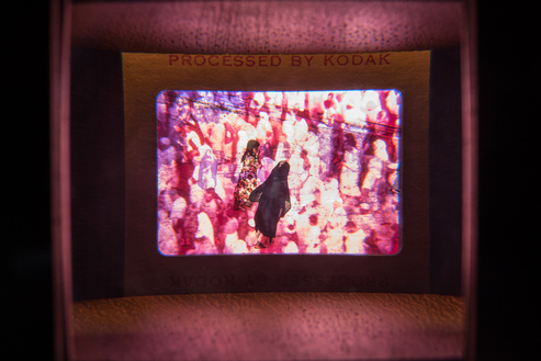 AHMED MATER, slide from Ashab Al Lal / Fault Mirage, 2016, wood slide projector with glass slide, 11.5 × 21.5 × 9.5 cm. Photo by Ela Bialkowska, Okno Studio. Courtesy the artist and Galleria Continua, San Gimignano / Beijing / Les Moulins / Habana.