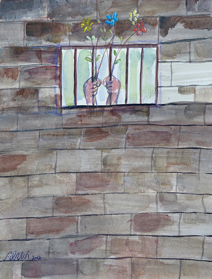 Public display of art from Guantanamo Bay has recently been restricted by the government. Works such as ANSI MUHAMMAD’s (Untitled) Hands Holding Flowers Through Bars (2016) depicts life in prison. Courtesy the artist and John Jay Collage.