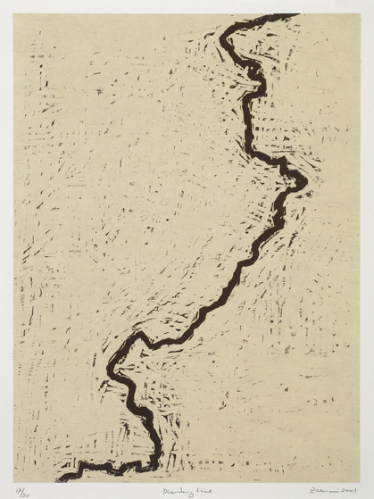 ZARINA HASHMI, Dividing Line, 2001, woodcut print on handmade Indian paper, 65 × 51 cm. Courtesy the artist.