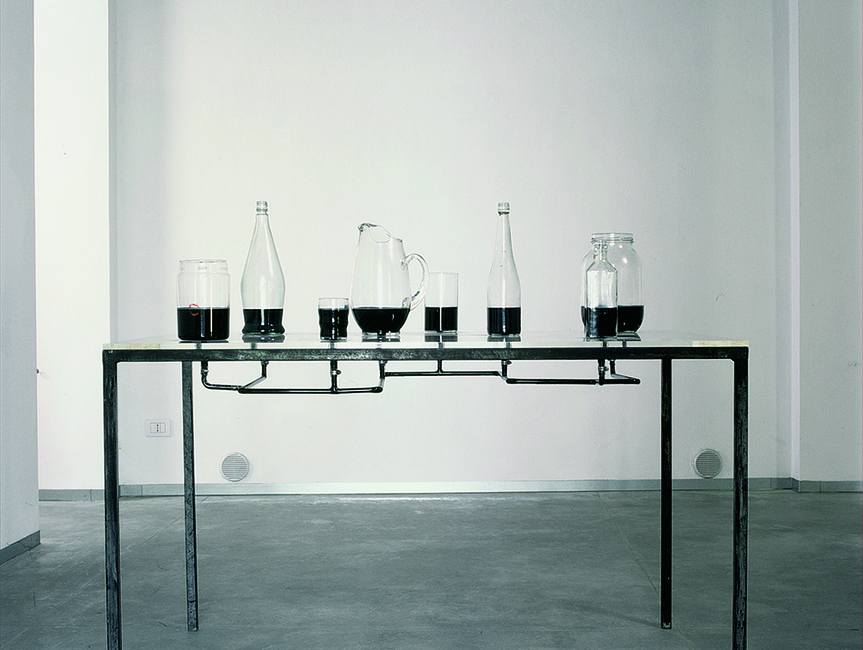 Installation view of CHARLES RAY’s Viral Research, 1986, glass, metal, ink, 137.5 × 93 × 75 cm, at “Walking On The Fade Out Lines,” Rockbund Art Museum, Shanghai, 2018. Courtesy Sandretto Re Rebaudengo Collection.