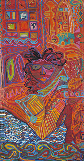 PACITA ABAD, Pacita Sailing, 1987, acrylic, rick-rack ribbons and painted cloth on stitched and padded canvas, 270 × 140 cm. Courtesy the artist.