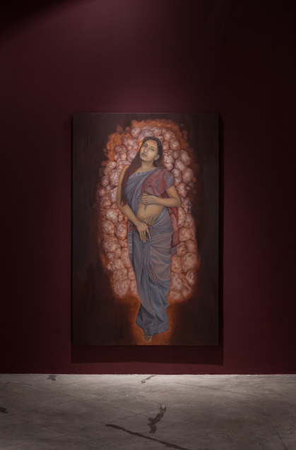 Installation view of MUMTAZ MARICAR’s Laparoscopic Wound, No Wider Than 1–2 cm, 2018, oil on linen, 195 × 122 cm, at “You, Other; I, Another,” The Private Museum, Singapore, 2018.