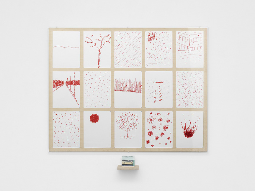 Installation view of SARKIS ’s Robert Walser, Seeland, 2018, 15 lipstick drawings on paper, wood, plexiglass, book clock, frame: 139 × 109 × 5 cm; book: 19 × 12 × 2.5 cm, at “Punctum,” Galerie Mezzanin, Geneva, 2018. Photo Annik Wetter.