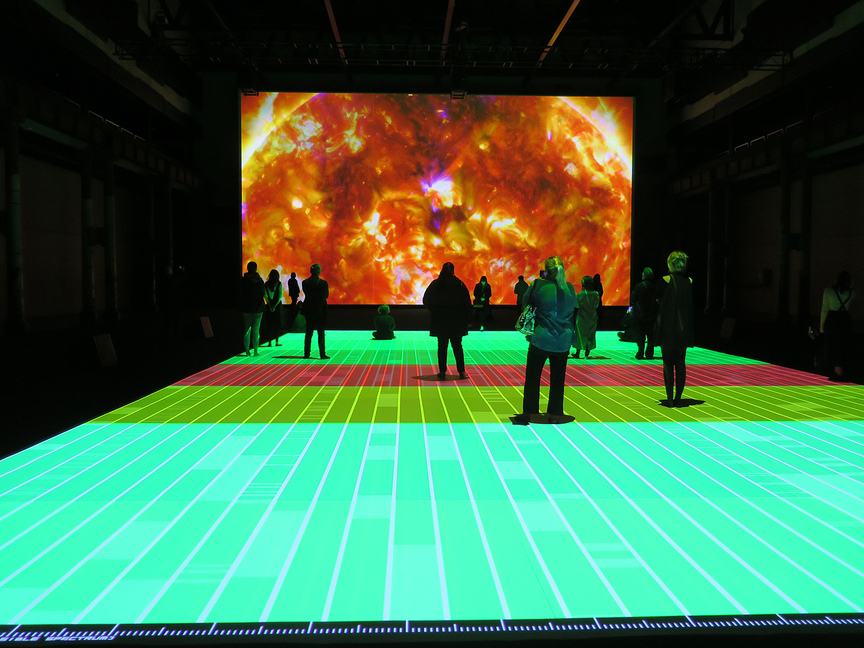 Installation view of RYOJI IKEDA’s Micro/Macro, 2015, video projections, computers, speakers, with programming and graphics by Norimichi Hirakawa, Tomonaga Tokuyama, Yoshito Onishi and Satoshi Hama, dimensions variable, at Carriageworks, Sydney, 2018.