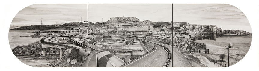 SABA QIZILBASH, Karachi to Jodhpur – Transborder Train, 2017, graphite and wash on watercolor board, 152.4 × 38.1 cm.