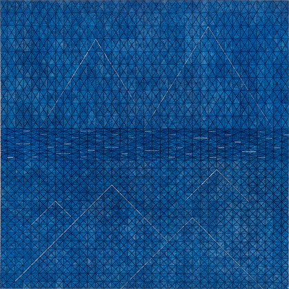 LI WENGUANG, Boundary River, 2018, pen, resin, rice paper collage on canvas, 90 × 90 cm.