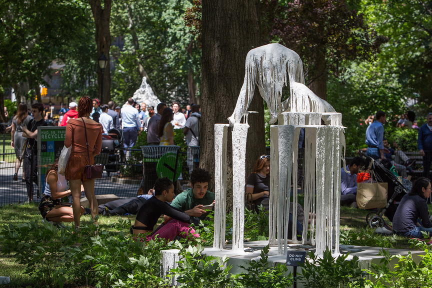 Installation view of DIANA AL-HADID’s Synonym, 2017–18, polymer modified gypsum, fiberglass, powder-coated aluminum, and pigment, 2.1 × 1.5 × 1.5 m, at “Delirious Matter,” Madison Square Park, New York, 2018. Photo Rashmi Gill.