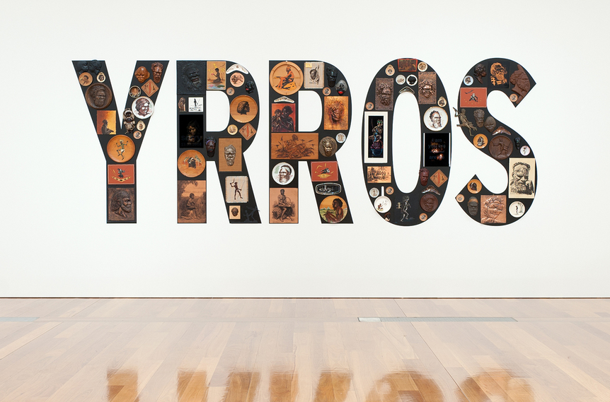 Installation view of TONY ALBERT’s Sorry, 2008, found kitsch objects applied to vinyl letters, 510 × 200 × 10 cm, at “Visible,” Queensland Arts Gallery | Gallery of Modern Art, Brisbane. Courtesy Queensland Art Gallery | Gallery of Modern Art, Brisbane.