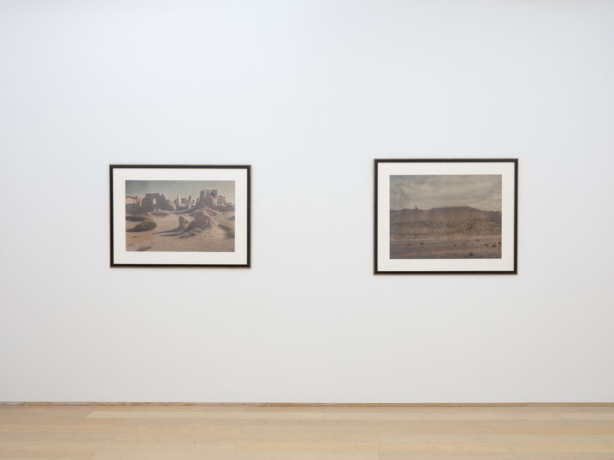 (From left) Installation view of QIU SHIHUA’s Ruin on the Silk Road, 1990, oil on felt paper, 59 × 89 cm, and Dunhuang Caves, 1990, oil on felt paper, 62 × 92 cm, at “Dawn Light,” Hanart TZ Gallery, Hong Kong, 2018. Photo by Kitmin Lee.