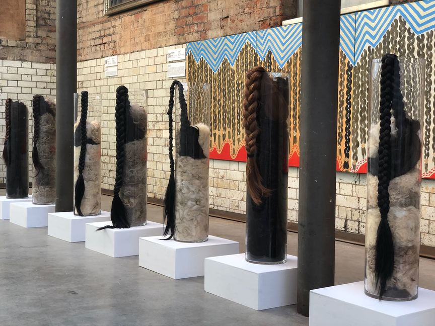 Installation view of AZA SHADENOVA’s The Homemaker, 2018, mixed media installation, dimensions variable, at “Focus Kazakhstan: Post-Nomadic Mind,” Wapping Hydraulic Power Station, London, 2018. Courtesy the artist and the Focus Kazakhstan project.