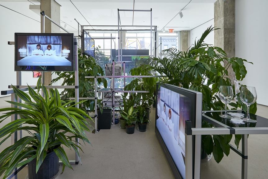 Installation view of JAMES CLAR‘s Tibetan Book of the Dead (Chapters 1, 2, 3), 2018, multi-channel synced video installation, plants, metal, acrylic, 245 × 490 cm, at James Clar’s “The World Never Ends,” Jane Lombard Gallery, New York, 2018.