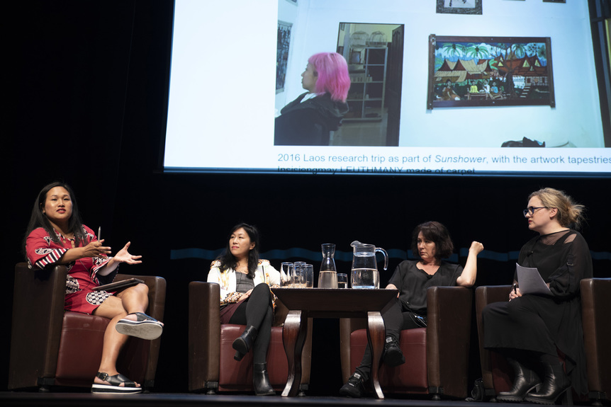 VERA MEY, YUK KING TAN, LOUISE FONG and SARAH FARRAR in conversation at the 2018 Asian Aotearoa Arts Hui, Museum of New Zealand Te Papa Tongarewa, Wellington, 2018. Courtesy Asian Aotearoa Arts Hui.