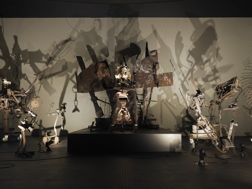 Installation view of JEAN TINGUELY’s Mengele-Totentanz (detail), 1986, scrap iron, harvesters made by Mengele (Augsburg), hippopotamus skull, electric motor, 300 × 440 × 420 cm, at Museum Tinguely, Basel, 2018. Photo Daniel Spehr for Museum Tinguely. Copyright Niki Charitable Art Foundation and ProLitteris. Courtesy Museum Tinguely.