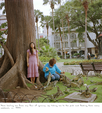 KAREN MIRANDA RIVADENEIRA, _Mom Healing Me from My Fear of Iguanas, By Taking Me to the Park and Feeding Them Every Weekend, ca 1994_, 2012, from the series “Other Stories / Historias Bravas” (2008– ), digital fine-art print, 65 × 70 cm. Courtesy the artist.