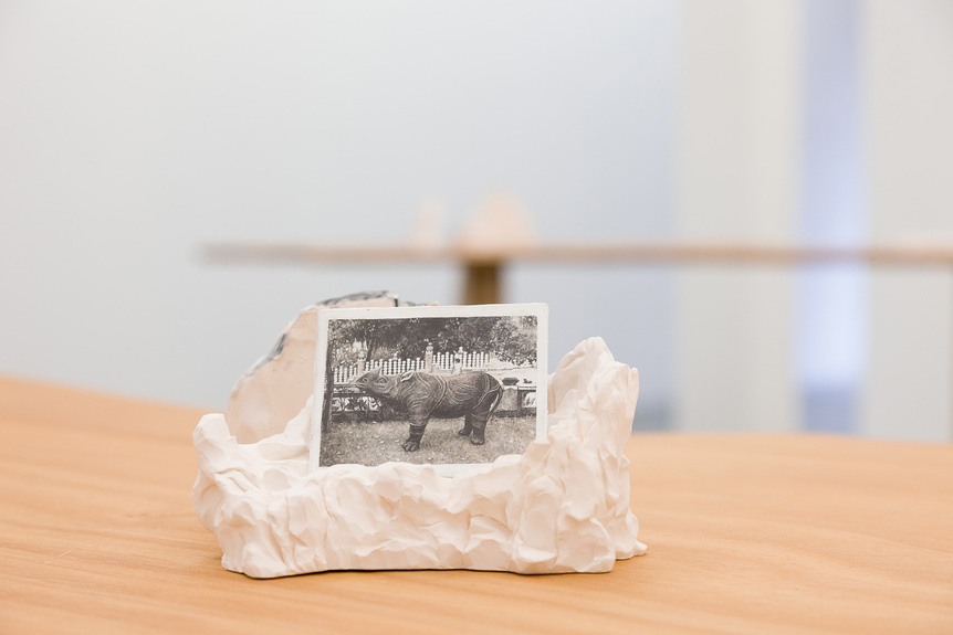 Installation view of JESS BRADFORD’s _Haw Par Villa #7 (Rhino)_, 2018, pastel and liquid pencil on primed aluminum sheet on top of bisque fired porcelain, 9 × 17 × 10 cm, at “An Image of a Tiger,” Galerie Pompom, Sydney, 2018.