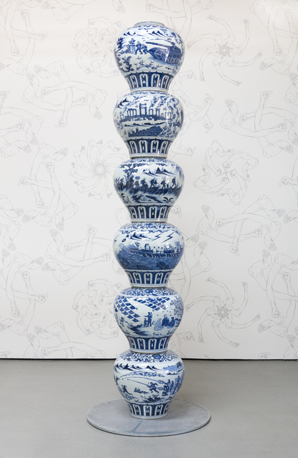 Installation view of AI WEIWEI’s Stacked Vases as a Pillar, 2017, porcelain, 312 × 50.5 × 27 cm, at “Cao/Humanity,” UTA Artist Space, Los Angeles, 2018. Courtesy UTA Artist Space.