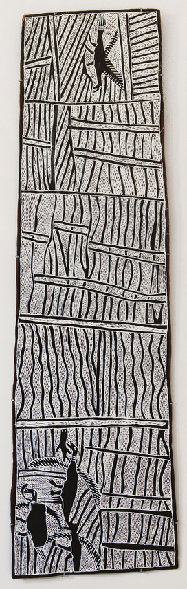 NOŊGIRRŊA MARAWILI, Thunderman raining down, 2012, earth pigments on Stringybark, 188.3 × 66.5 cm. Copyright the artist. Courtesy Buku-Larrŋgay Mulka Centre.