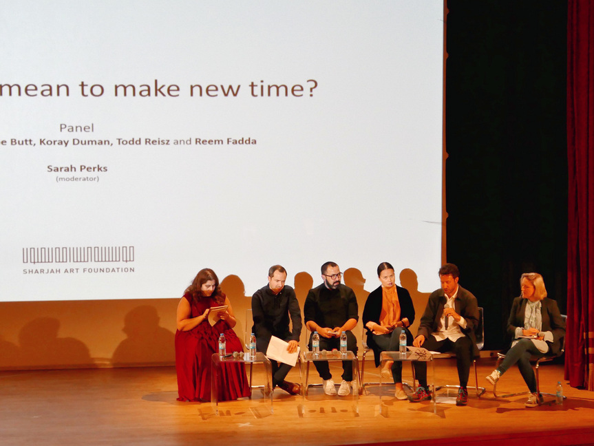 (Left to right) REEM FADDA, TODD REISZ, KORAY DUMAN, ZOE BUTT, ARAM MOSHAYEDI, with moderator SARAH PERKS.