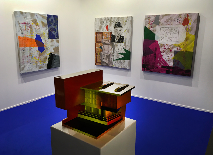 Jhaveri Contemporary (Mumbai) presented SHEZAD DAWOOD’s mixed-media canvases Encroachment I – Jinnah, Encroachment II – Peace air drop, and Encroachment IV – Terrazzo (all 2018), as well as the spray-painted sculpture The American Center (2019), which all comment on the infiltration of American ideologies into urban Pakistani society during the Cold War. These pieces are part of the same series as Dawood’s Encroachments (2019), a virtual reality work commissioned for the concurrent Sharjah Biennial 14.