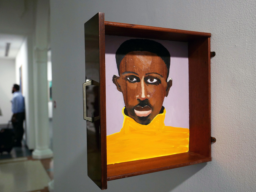 LUBAINA HIMID, Man in Stationary Drawer, 2017–18, acrylic on wood, 45 × 36.5 × 8 cm.