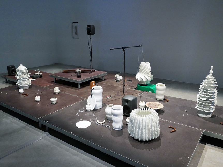 TAREK ATOUI, The Ground (2014–19), ceramic pieces and amplifiers.