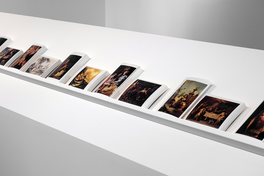 Detailed installation view of PIO ABAD’s The Collection of Jane Ryan & William Saunders,  2014–19, postcard reproductions of Old Master paintings sequestered from Imelda & Ferdinand Marcos and sold by Christie’s on behalf of the Philippine Commission on Good Government, unlimited copies, dimensions variable, at “Splendour,” Oakville Galleries, Toronto, 2019.