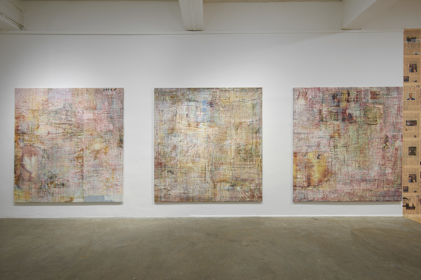 Installation view of MANDY EL-SAYEGH’s (left to right) Net-Grid 18, 2019; Net-Grid 16, 2019; and Net-Grid 8, 2018, all oil on linen, mixed media, 235 × 225 × 3.5 cm each, at “Cite Your Sources,” Chisenhale Gallery, London, 2019.