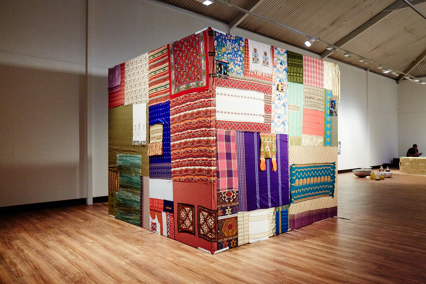 Installation view of ROSELL FLATLEY’s Tahanan, 2019, timber, recycled fabric, canvas, paint, 240 × 260 cm, at “Stomping Ground,” Fairfield City Museum & Gallery, Smithfield, 2019. Photo by Josh Morris Photography. Courtesy FCMG.